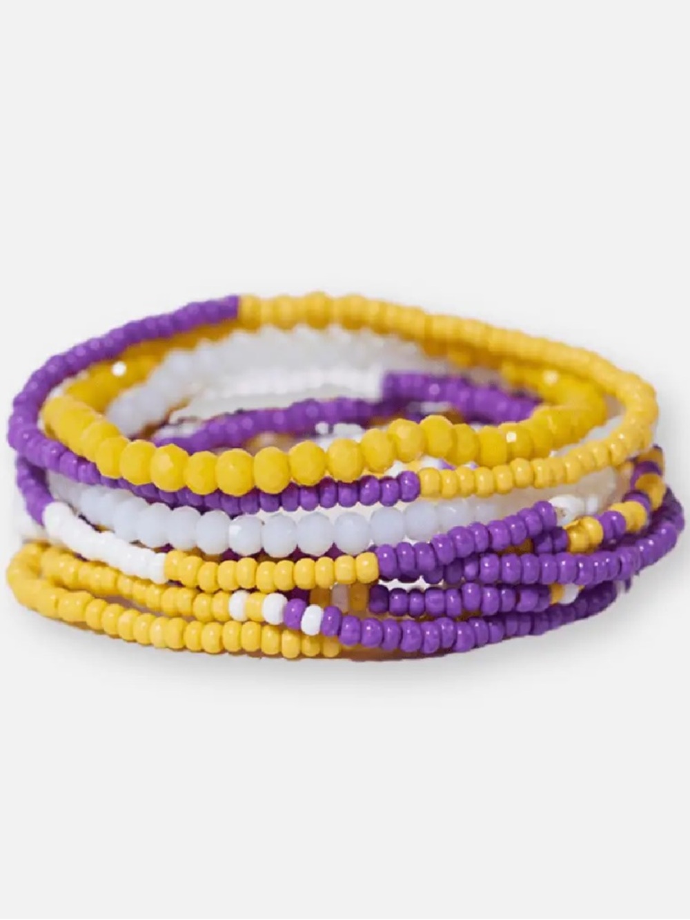 New in package Hand beaded 10 bracelet stack Purple yellow white Seed beads LSU